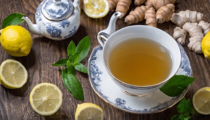 A cup of tea with lemon and ginger