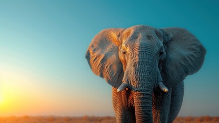 an elephant standing in the middle of a field with the sun shining down on it's head and tusks.