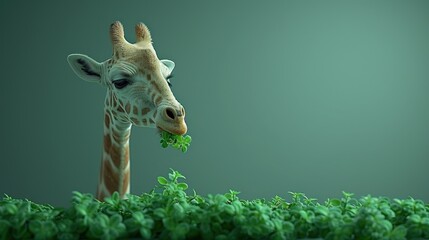 a digital painting of a giraffe eating a leafy green leafy plant on a dark green background.