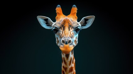a close up of a giraffe's face on a black background with a blue sky in the background.