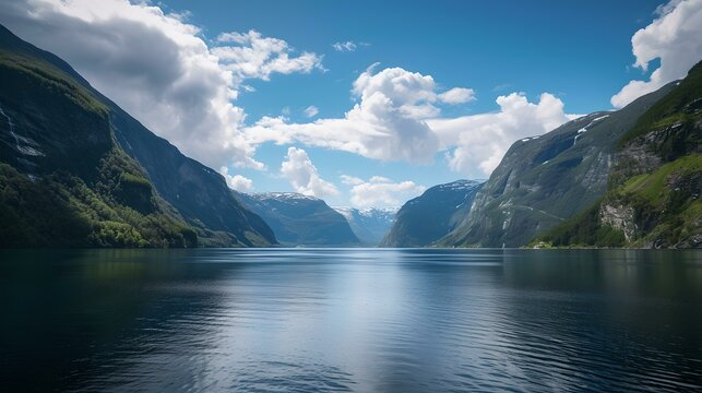 Serene lake scene with lush green mountains and clear blue sky. perfect for nature backgrounds. AI