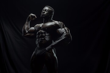 Fototapeta na wymiar Muscular athlete Bodybuilder Flexing Muscles in the Dark 