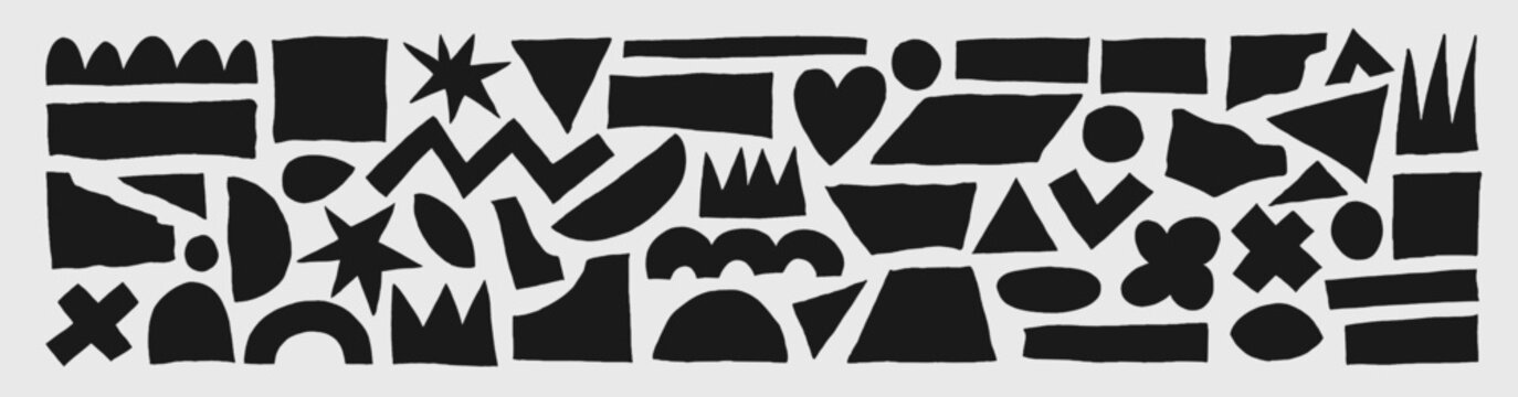 Black ripped and cutout paper torn strips and shapes collection. Torn paper in form of crowns, heart, basic geometric shapes, stars and crosses.