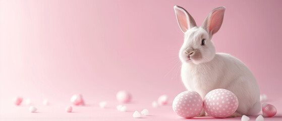 Naklejka na ściany i meble Cute bunny and single easter egg isolated on pastel pink background