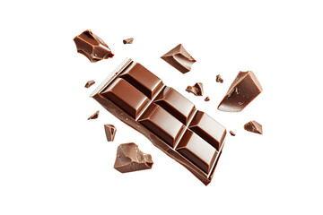Chocolate bar wafer falling with choc flake in the air isolated on background, peanut crispy snack, dessert sweet concept, piece of dark chocolate.