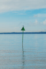 A seagull standing on a pole int he middle of the ocean