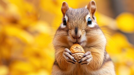 a close up of a squirrel holding a nut in its hand and looking at the camera with a surprised look on its face.