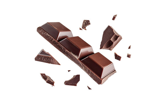 Chocolate bar wafer falling with choc flake in the air isolated on background, peanut crispy snack, dessert sweet concept, piece of dark chocolate.