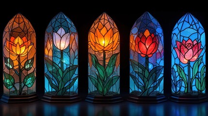 a set of four stained glass vases with flowers on them and a candle in the middle of the vase.