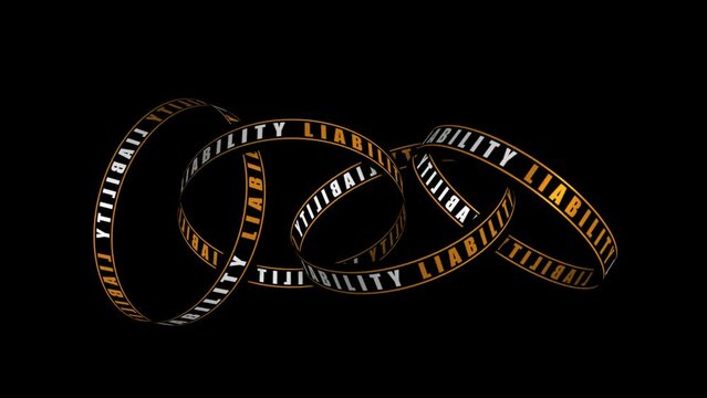 Animated text with inscription LIABILITY. 3D four rings rotate. Texts are on the rings.