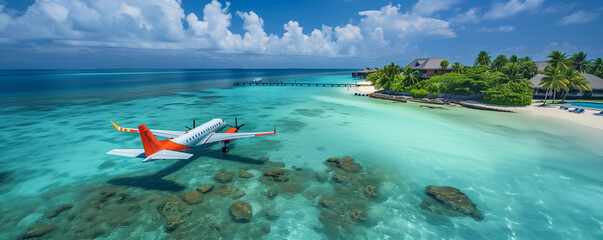 Tropical Escape: Serene Beach Aerial View with Overflying Airplane, Exotic Island Getaway, Turquoise Ocean Paradise, Lush Palm Retreat, Tranquil Holiday Destination, Luxury Travel Adventure in summer