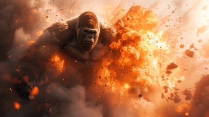 a gorilla is in the midst of a huge explosion of orange and yellow smoke and smoke billowing from its back.