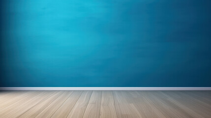 Blue background, wooden floor, empty room.