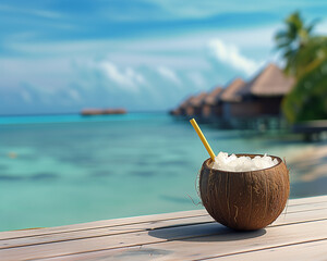 coconut cocktail on the beach at the Maldives or bora bora
