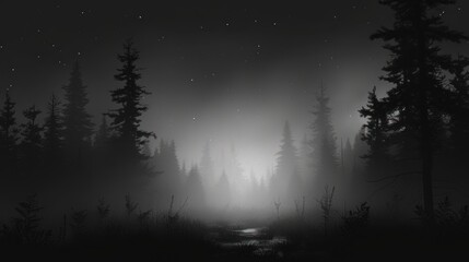 a black and white photo of a forest at night with the moon in the sky and stars in the sky.