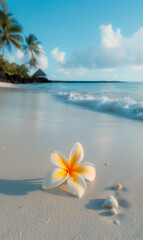 Fototapeta na wymiar Tropical Serenity on White Sand Beach with Plumeria Flower - Perfect Vacation Background for Travel and Leisure Advertising, Embracing the Idyllic Nature of a Seaside Resort