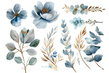 Watercolor design elements blue and gold flowers, leaves, eucalyptus, branches set for wedding