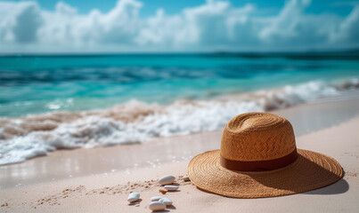 Fototapeta na wymiar Background of a Luxurious Beach Vacation with Refreshing Drink and Fashionable Hat - Ideal Tropical Getaway Setting for Relaxation and Indulgence in Paradise