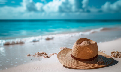Background of a Luxurious Beach Vacation with Refreshing Drink and Fashionable Hat - Ideal Tropical Getaway Setting for Relaxation and Indulgence in Paradise