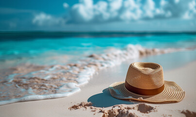 Background of a Luxurious Beach Vacation with Refreshing Drink and Fashionable Hat - Ideal Tropical Getaway Setting for Relaxation and Indulgence in Paradise