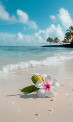 Tropical Serenity on White Sand Beach with Plumeria Flower - Perfect Vacation Background for Travel and Leisure Advertising, Embracing the Idyllic Nature of a Seaside Resort