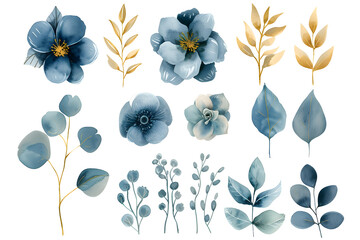 Watercolor design elements blue and gold flowers, leaves, eucalyptus, branches set for wedding - obrazy, fototapety, plakaty