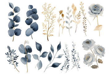 Watercolor design elements blue and gold flowers, leaves, eucalyptus, branches set for wedding