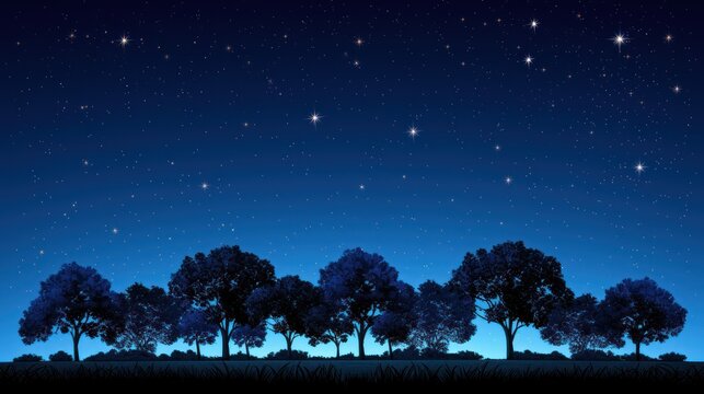 a night scene with stars in the sky and trees silhouetted against a blue sky with stars in the sky.