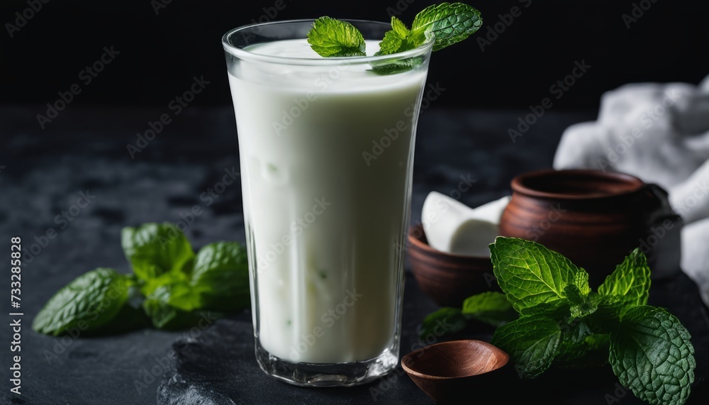 Canvas Prints A glass of milk with a green leaf on top