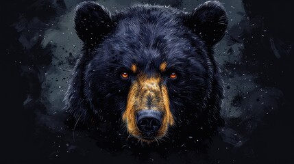 a close up of a black bear's face on a black background with snow flakes and snow flakes.