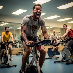 Fototapeta na wymiar a Spinning Class Participant Radiating Energy and Enthusiasm While Riding Hard on a Stationary Bike