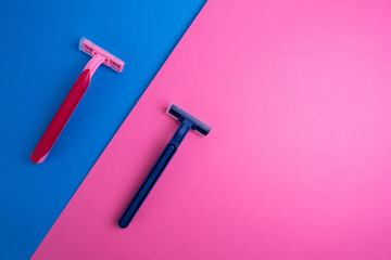 Disposable plastic razor with steel blade, men's and women's razors. Skin and body care concept. Depilation. Place for text