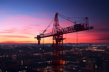 Crane constructing a building illuminated by morning glow