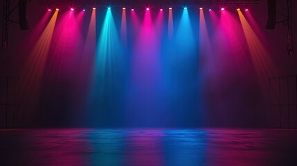Modern dance stage light background with spotlight illuminated for modern dance production stage. Empty stage with dynamic color washes. Stage lighting art design. Entertainment show - obrazy, fototapety, plakaty