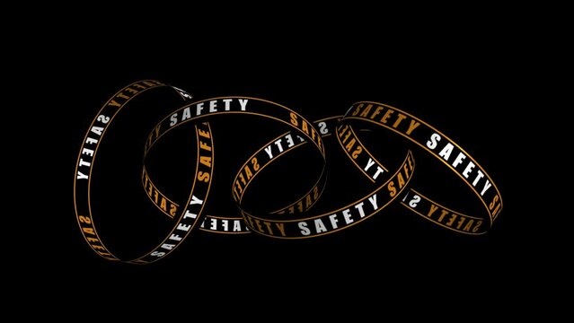 Animated text with inscription SAFETY. 3D four rings rotate. Texts are on the rings.