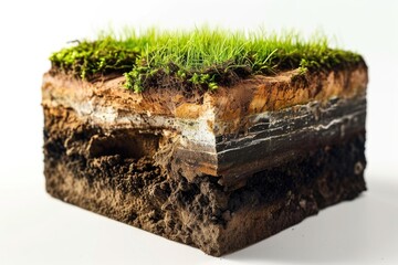 Cubical cross section with underground earth soil and green grass on top, cutaway terrain surface with mud and field isolated.