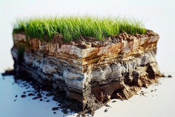 Fototapeta na wymiar Cubical cross section with underground earth soil and green grass on top, cutaway terrain surface with mud and field isolated.