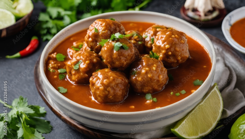 Poster A bowl of meatballs in a brown sauce