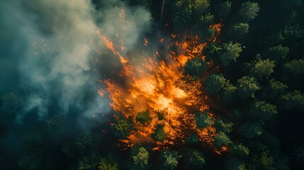 Aerial view of a forest fire, flames among trees, nature in distress. environmental concerns and action needed. AI