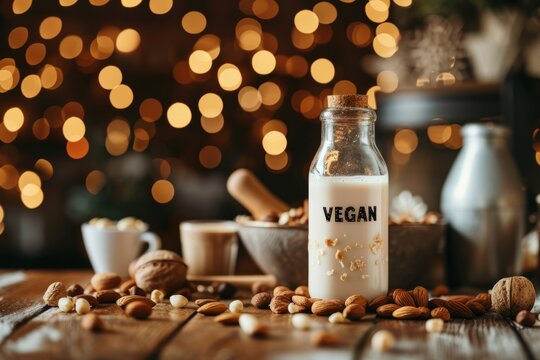 Close up bottle of almond milk with a "VEGAN" label surrounded by nuts nearby on a wooden table on a blurred cafe background with copyspace