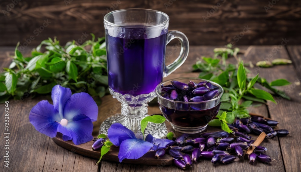 Canvas Prints A cup of tea and a bowl of nuts on a wooden table