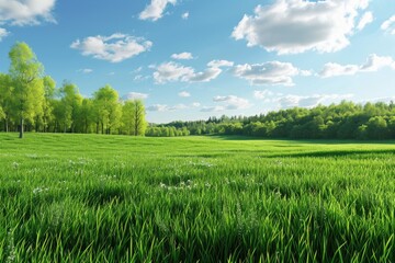 Green spring landscape with grass field.