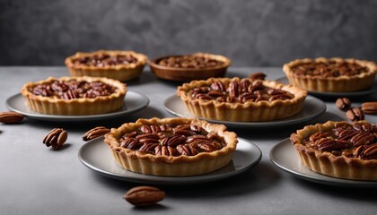 A table with 6 plates of pecan pies