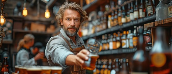 Standing in the bar, a Caucasian barman pours beer.
