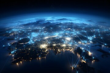 Night view of a country with developed cities seen from the atmosphere - obrazy, fototapety, plakaty