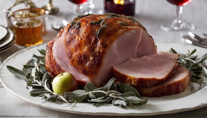 A roasted ham with herbs and a lemon wedge on a plate - obrazy, fototapety, plakaty