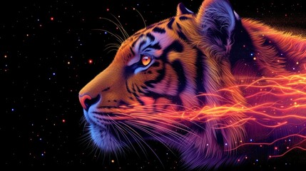 a close up of a tiger's face with a background of stars and a sky filled with lightening.