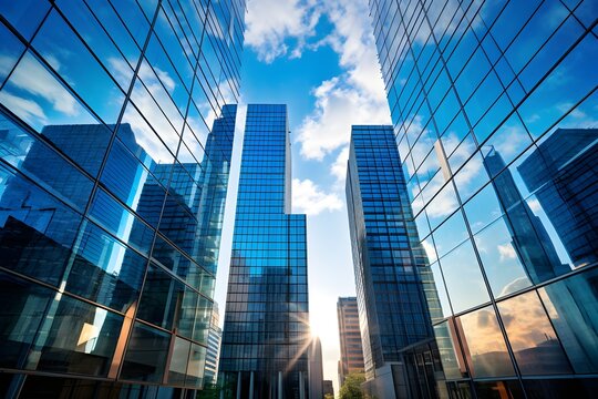 A view from the road between high-rise buildings made entirely of glass