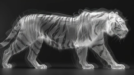 a blurry image of a white tiger on a black background with a black background and a white tiger on the right side of the image.
