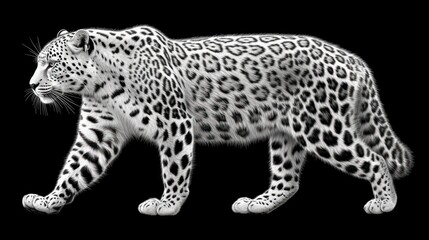 a black and white photo of a leopard on a black background with a black background and a white leopard on the right side of the image.